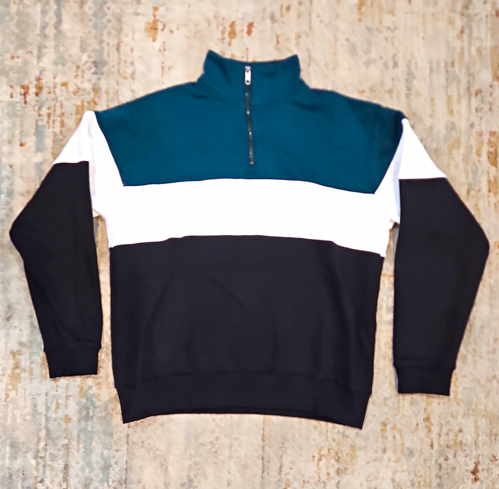Denim & Flower Men's Teal/White/Black Colorblock 1/4 Zip Fleece Pullover L